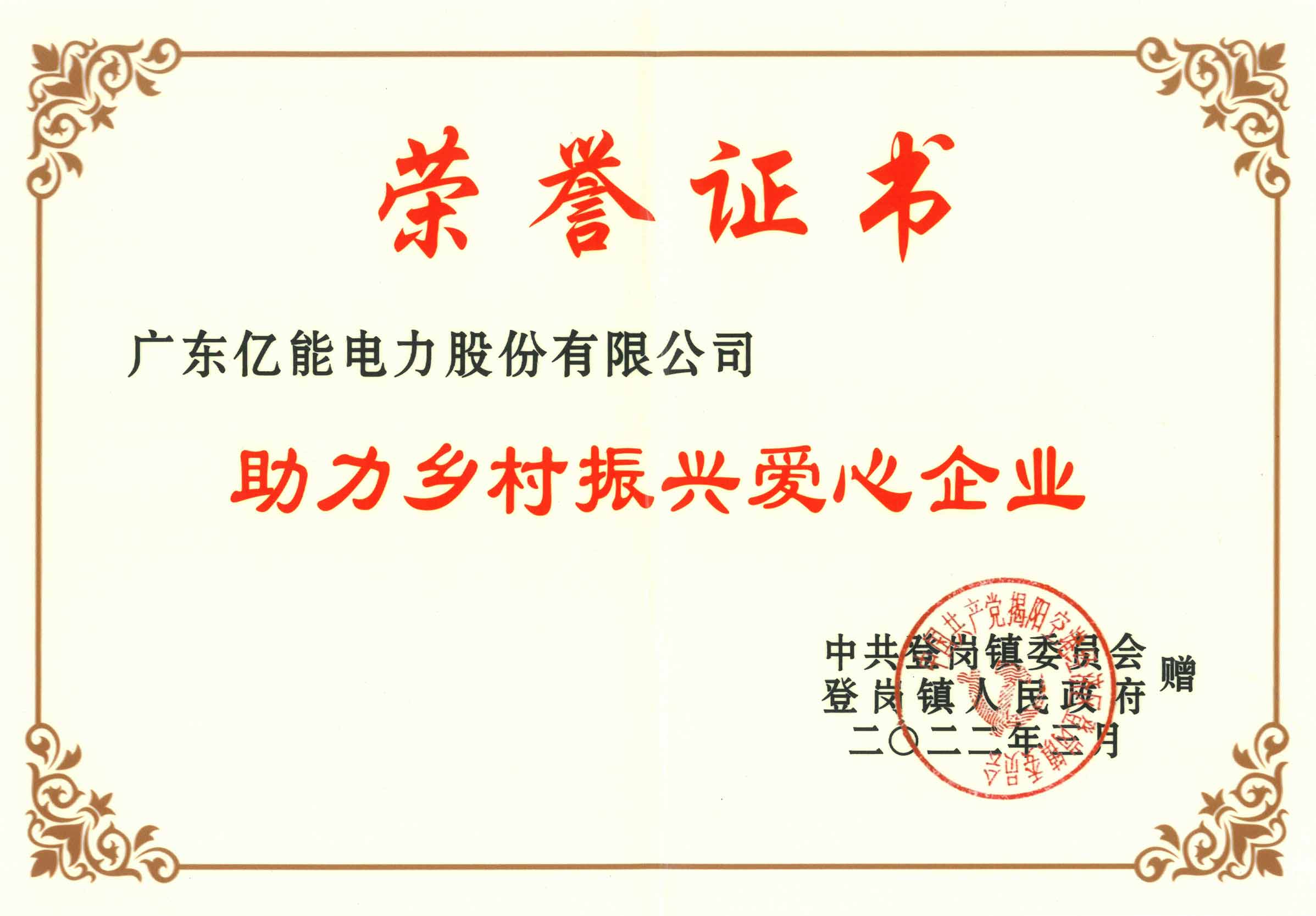 亿能-荣誉证书（助力乡村振兴爱心企业-登岗镇）